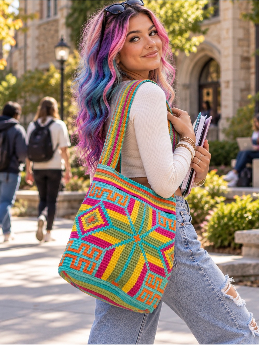 Unique Multicolour Geometric Woven Shoulder Bag – Bright Boho Statement Purse